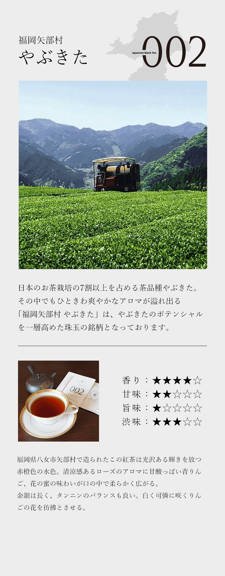 福岡矢部村やぶきた 日本のお茶栽培の7割以上を占める茶品種やぶきた。
   　　　　　　　　　　　　　　　　　　　　　　　　　　　　　　　その中でもひときわ爽やかなアロマが溢れ出る「福岡矢部村 やぶきた」は、やぶきたのポテンシャルを一層高めた珠玉の銘柄となっております。
   　　　　　　　　　　　　　　　　　　　　　　　　　　　　　　　福岡県八乙女市矢部村で造られたこの紅茶は光沢ある輝きを放つ赤橙色の水色。
   　　　　　　　　　　　　　　　　　　　　　　　　　　　　　　　清涼感あるローズのアロマに甘酸っぱい青りんご、花の蜜の味わいが口の中で柔らかく広がる。余韻は長く、タンニンのバランスも良い。
                                                           白く可憐に咲くりんごの花を彷彿とさせる。